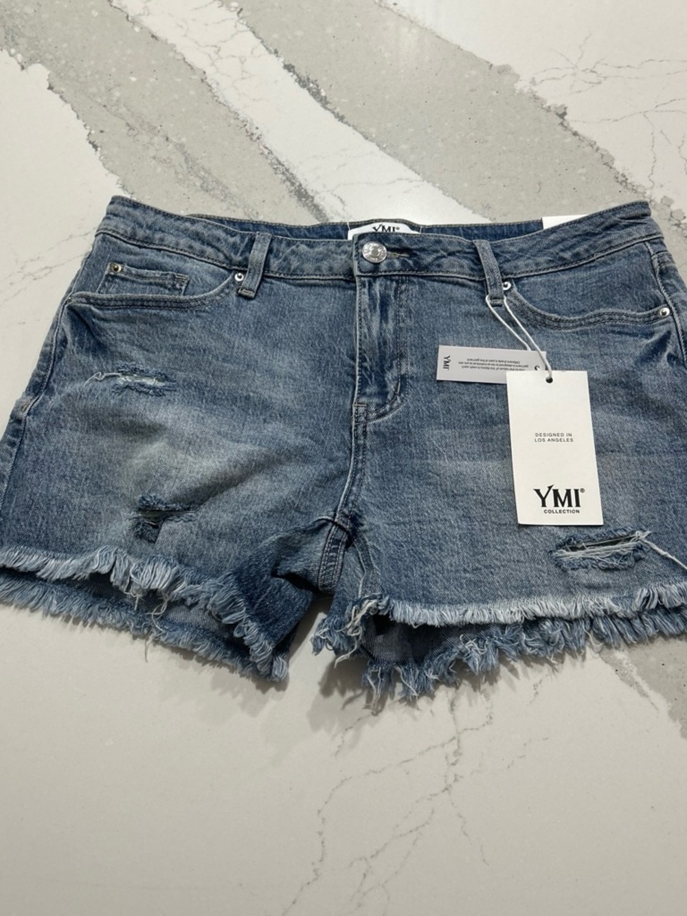 YMI Women's Distressed Frayed Hem Denim Shorts - Blue